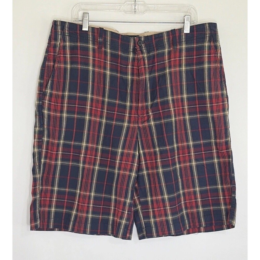IZOD Jeans Mens Size 38 x 11 Red Blue Plaid 4 Pockets Cotton Bermuda S’08 India